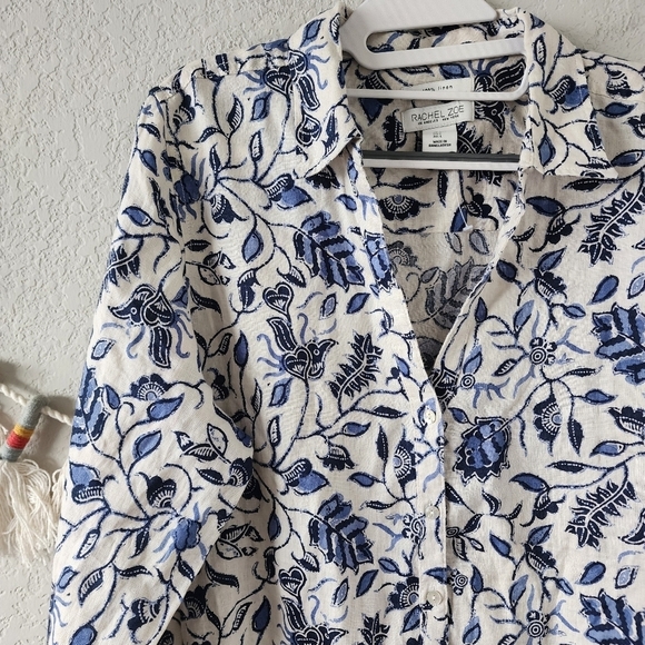 Rachel Zoe 100% Linen Button Up Paisley Floral Peasant Tunic Top Blue Lagenlook - Picture 10 of 12